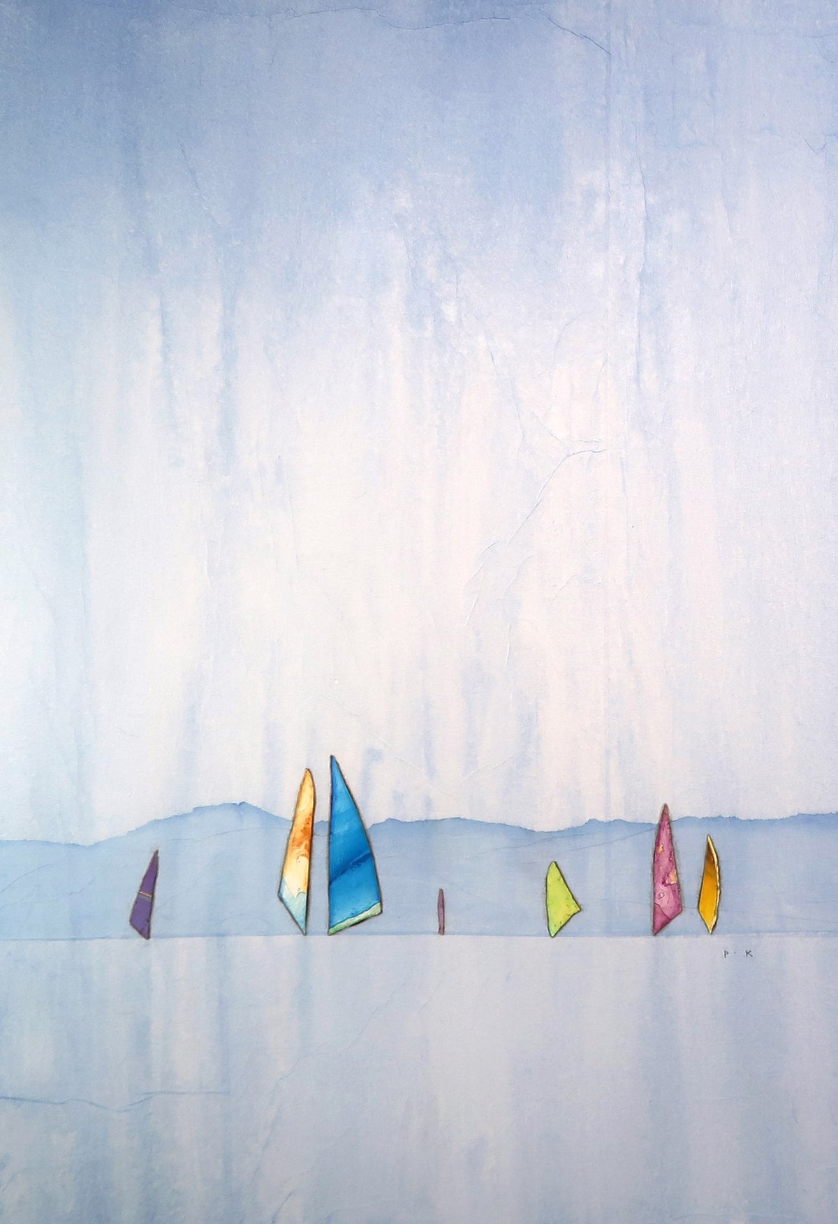 Watercolor painting of sailboats with colorful sails on a calm sea under a pale blue sky.