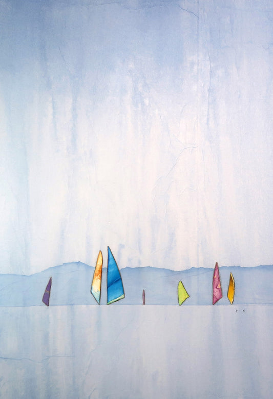 Watercolor painting of sailboats with colorful sails on a calm sea under a pale blue sky.