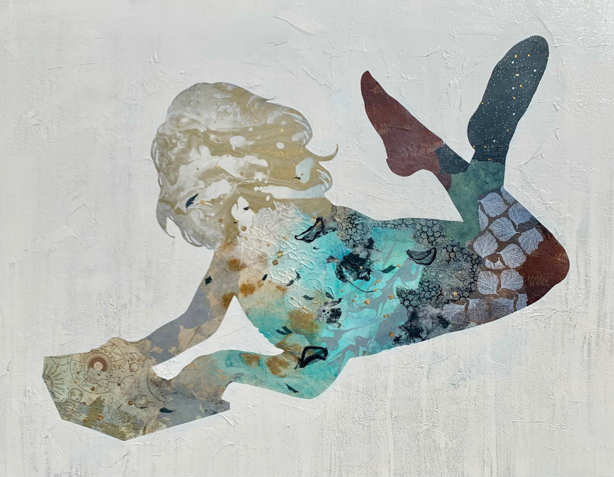 Mixed-media collage of a mermaid silhouette filled with blue and patterned textures.