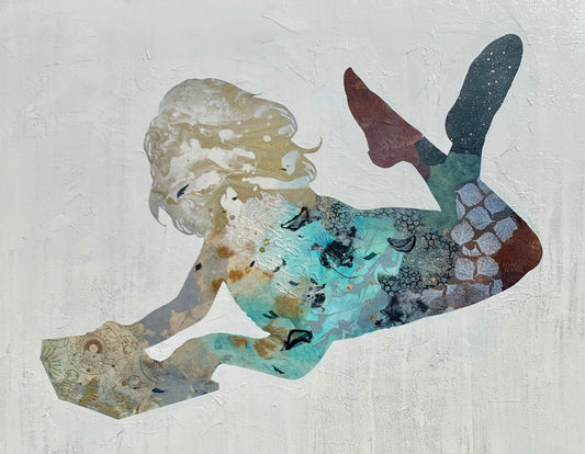 Mixed-media collage of a mermaid silhouette filled with blue and patterned textures.