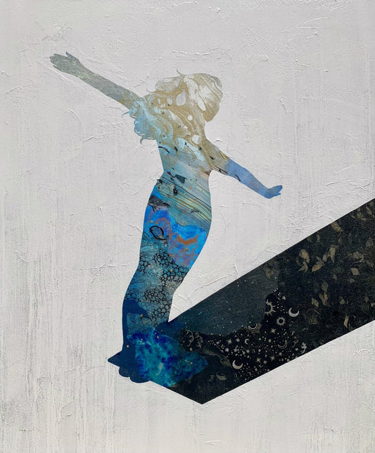 Mixed-media collage of a woman's silhouette on a diving board, filled with blue patterns.