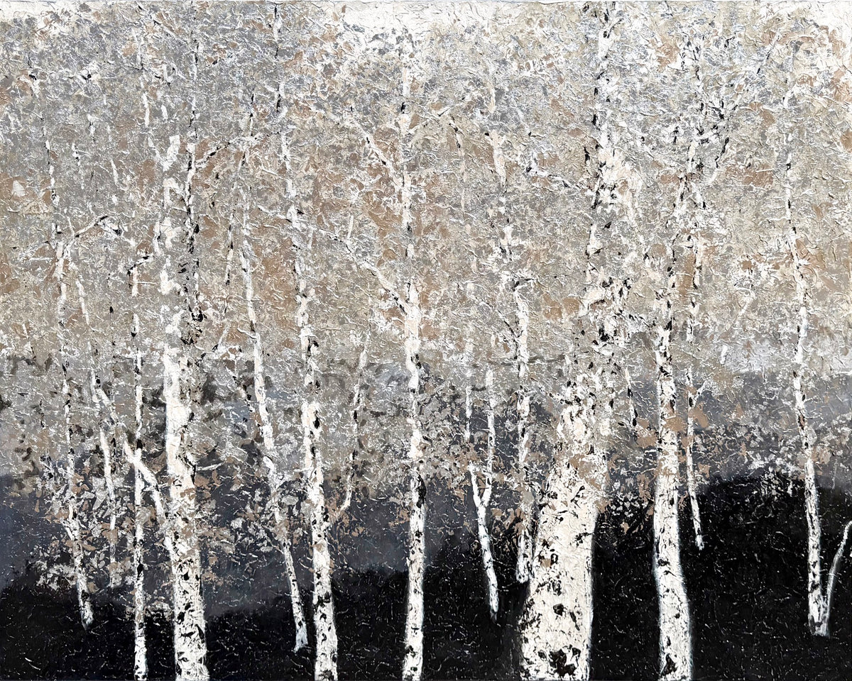 Textured painting of a white birch forest in muted silver, tan, and black tones.
