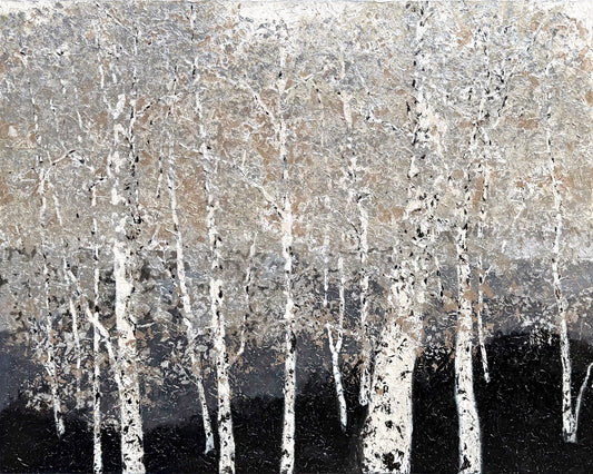 Textured painting of a white birch forest in muted silver, tan, and black tones.
