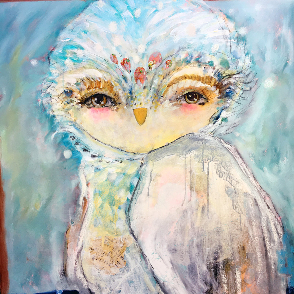 Colorful stylized painting of an owl with large eyes and pastel feathers on blue.