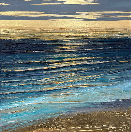 A textured painting of an ocean at sunset, with golden light reflecting on the water and blue waves in the foreground.