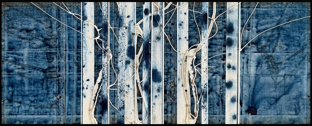 Abstract artwork depicting vertical blue and white streaks resembling tree trunks and branches, with a textured, watercolor-like background.