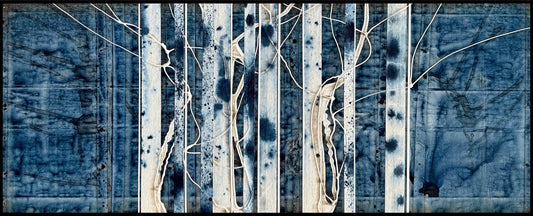 Abstract artwork depicting vertical blue and white streaks resembling tree trunks and branches, with a textured, watercolor-like background.