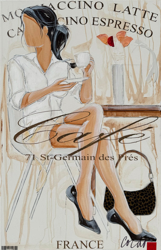 A painting of a woman drinking coffee, with large gold letters that say Cafe.