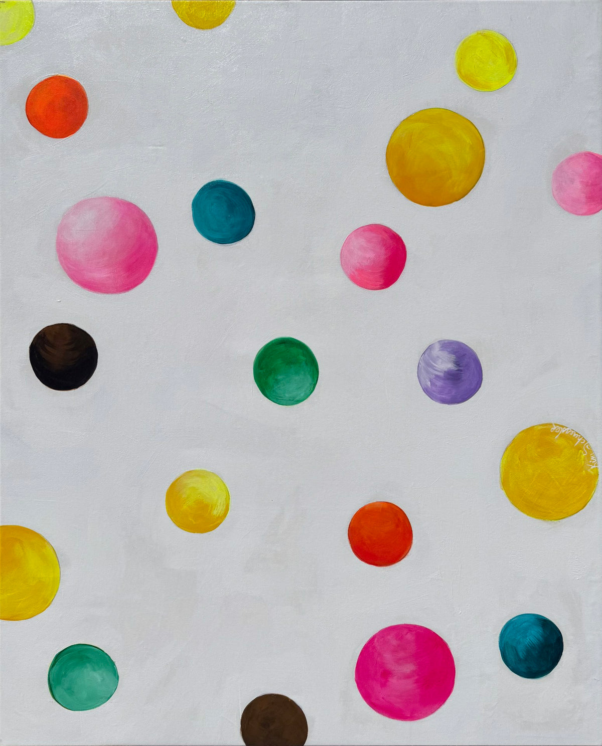 A white background with numerous colored circles scattered across it. The circles are in various sizes and colors, including red, blue, yellow, green, and pink.