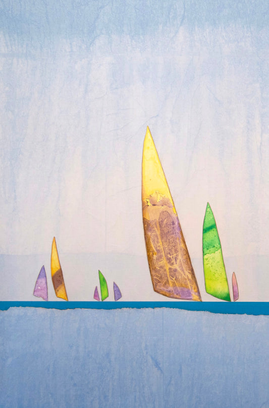Painting of colorful abstract sailboats with tall sails on a calm blue sea under a light blue sky.