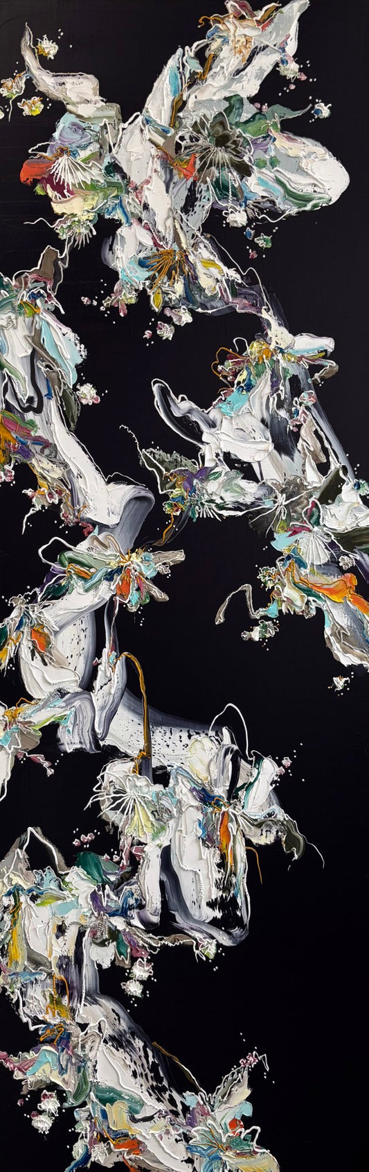 Abstract painting featuring swirling, layered strokes of bright and muted colors on a black background, creating a dynamic, organic, and floral-like composition.