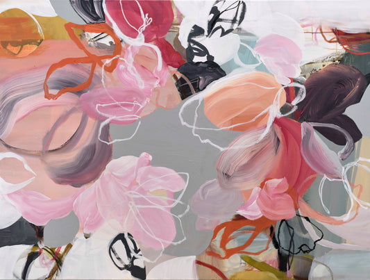 An abstract piece featuring soft pink, peach, and gray organic shapes with swirling contour lines.