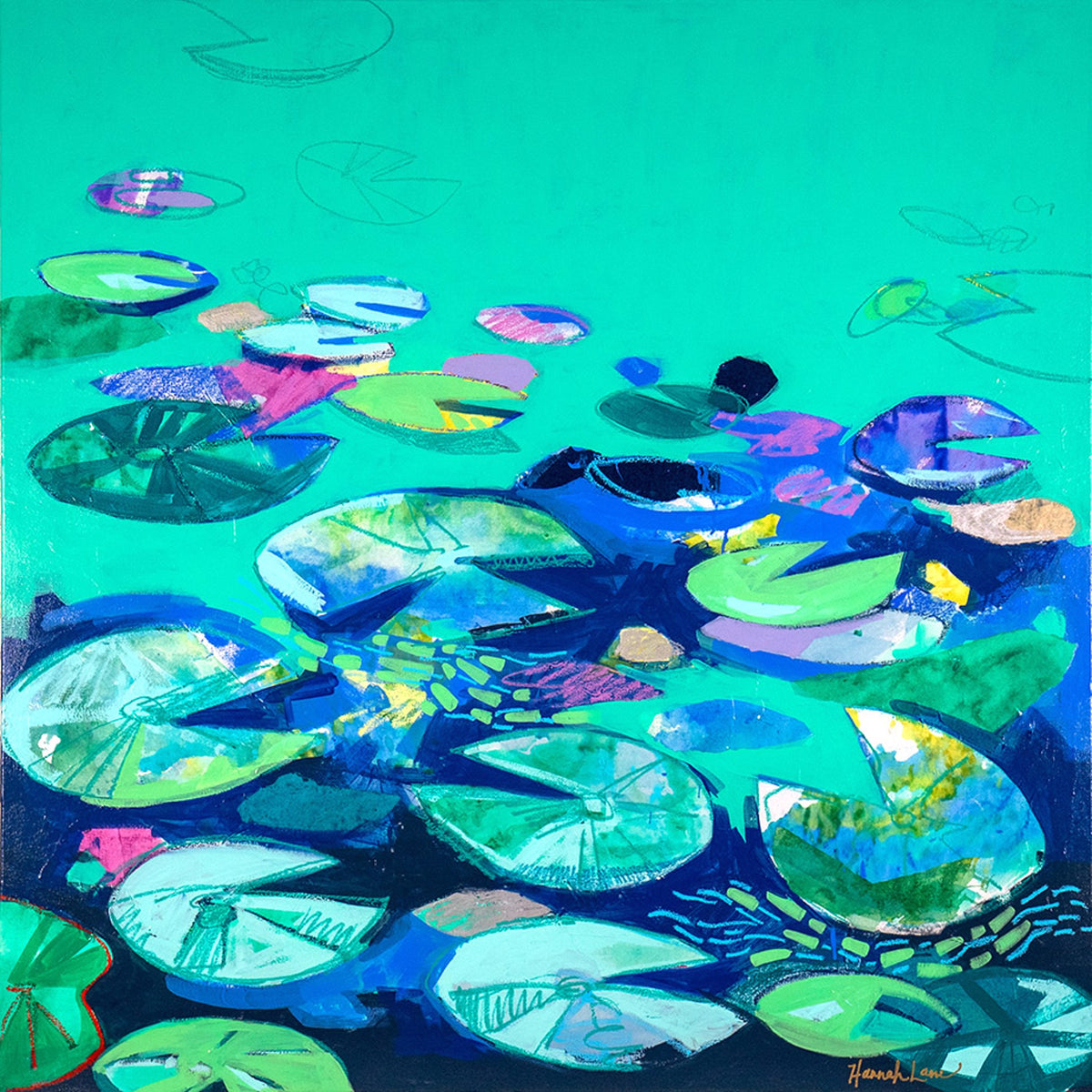 Abstract painting of lily pads in vibrant shades of blue, green, purple, and pink floating on a turquoise background.