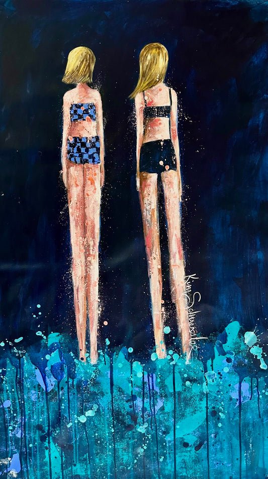 Two abstract figures with elongated limbs and blonde hair, wearing swimsuits, stand on a watery, splattered blue background.