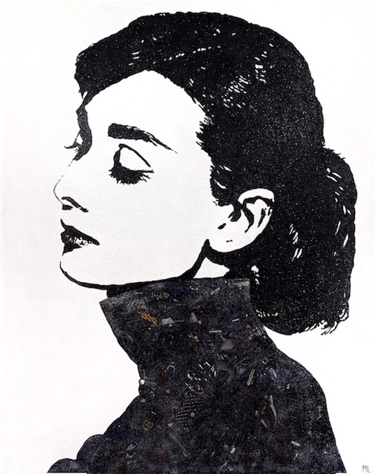 Black-and-white profile illustration evoking Audrey Hepburn in a high-collared coat.