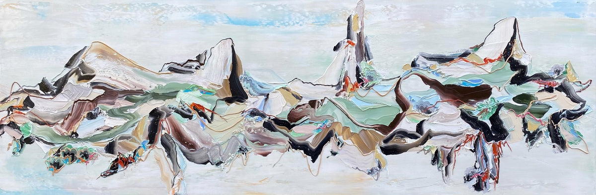 Hike to Half Moon is a heavily textured abstract landscape oil painting on canvas by Canadian artist painter Nicole Katsuras