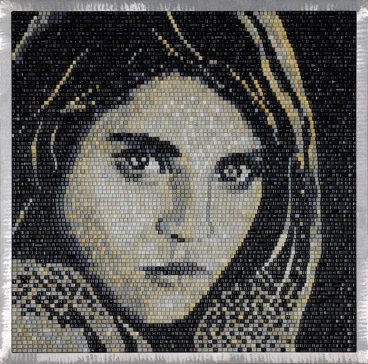 Doug Powell's 'Afghan Girl' (2026). A 60x60 inch abstract mosaic depicting a young woman's face and headscarf, constructed completely from upcycled computer keyboard keys on a panel.