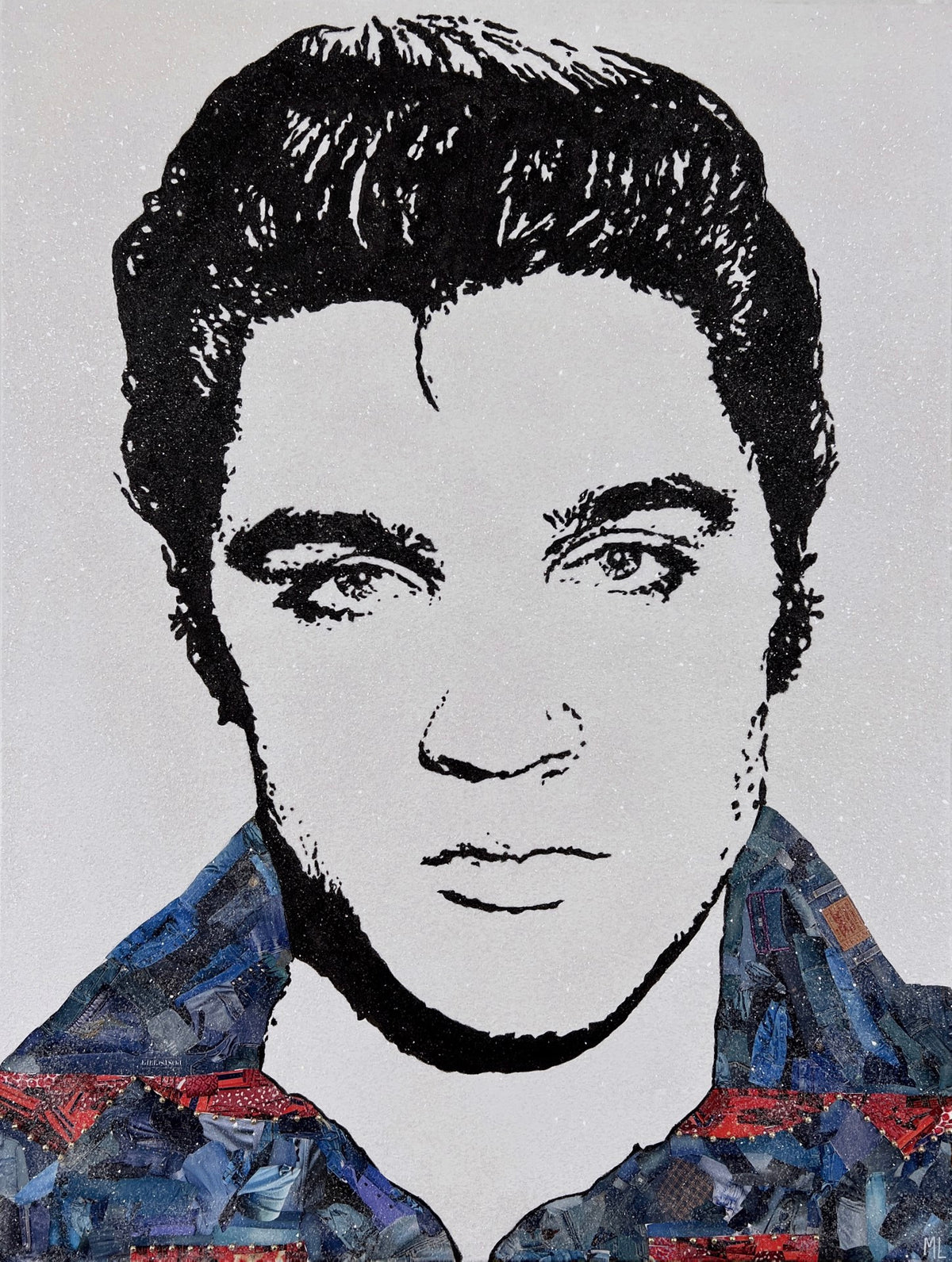 Black and white portrait of Elvis Presley with styled dark hair, strong jawline, and a collaged shirt in blue and red tones against a light background.