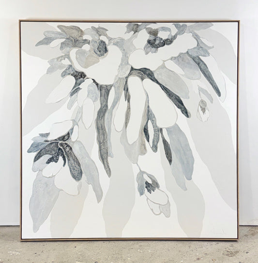 Large abstract painting of overlapping leaf-like shapes in white, gray, and black.