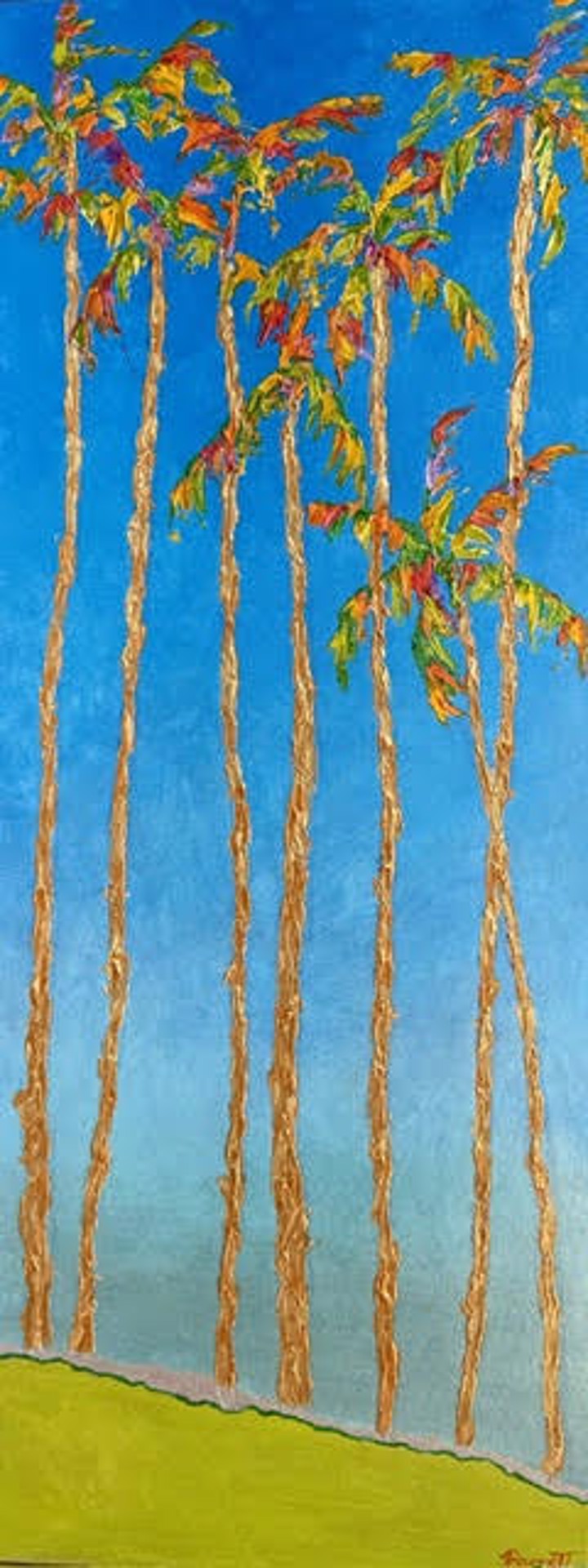 Vertical painting featuring tall palm trees with vibrant orange trunks against a bright blue sky.