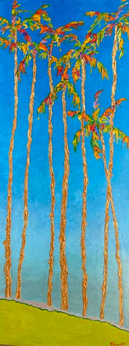 Vertical painting featuring tall palm trees with vibrant orange trunks against a bright blue sky.