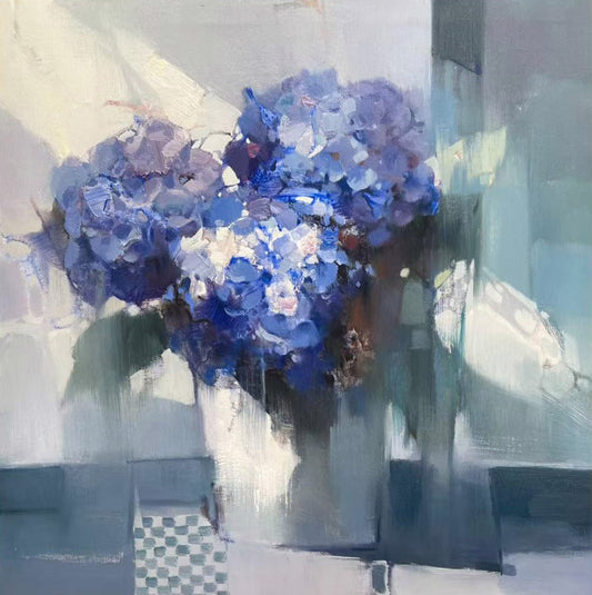 Abstract painting of blue and purple hydrangeas in a vase with soft light.