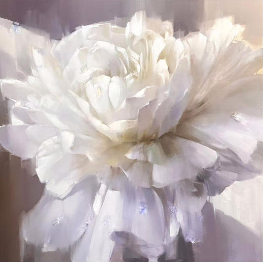 A soft-focus close-up of a white peony flower in bloom.