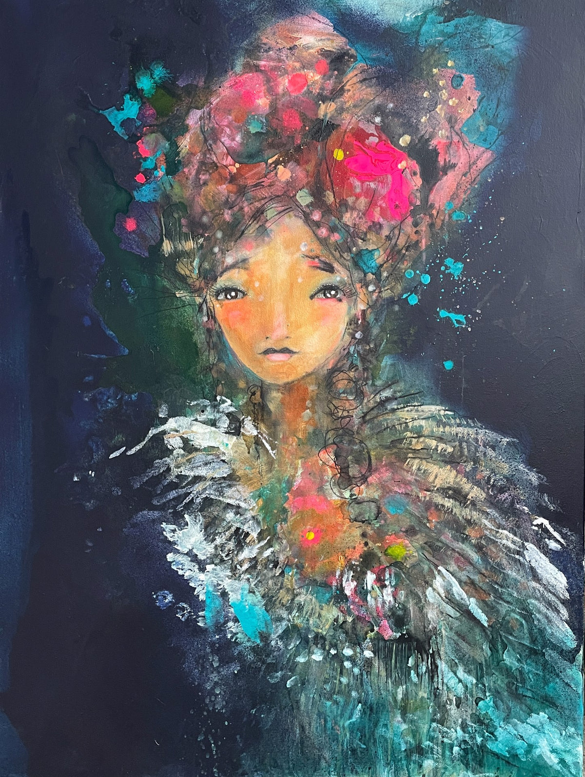 A stylized painting of a woman with a floral headdress, colorful abstract splashes, and a feathered garment set against a dark background.