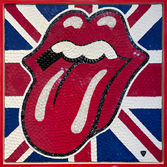 Mosaic of guitar picks forming a tongue-and-lips logo patterned as the US flag on yellow.
