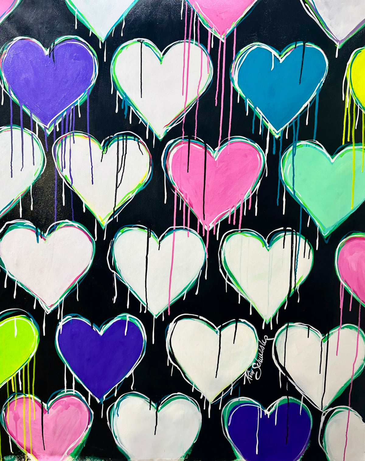 Painting of hearts with paint drips, featuring rows of colorful hearts, including white, pink, blue, green, and purple, against a black background.
