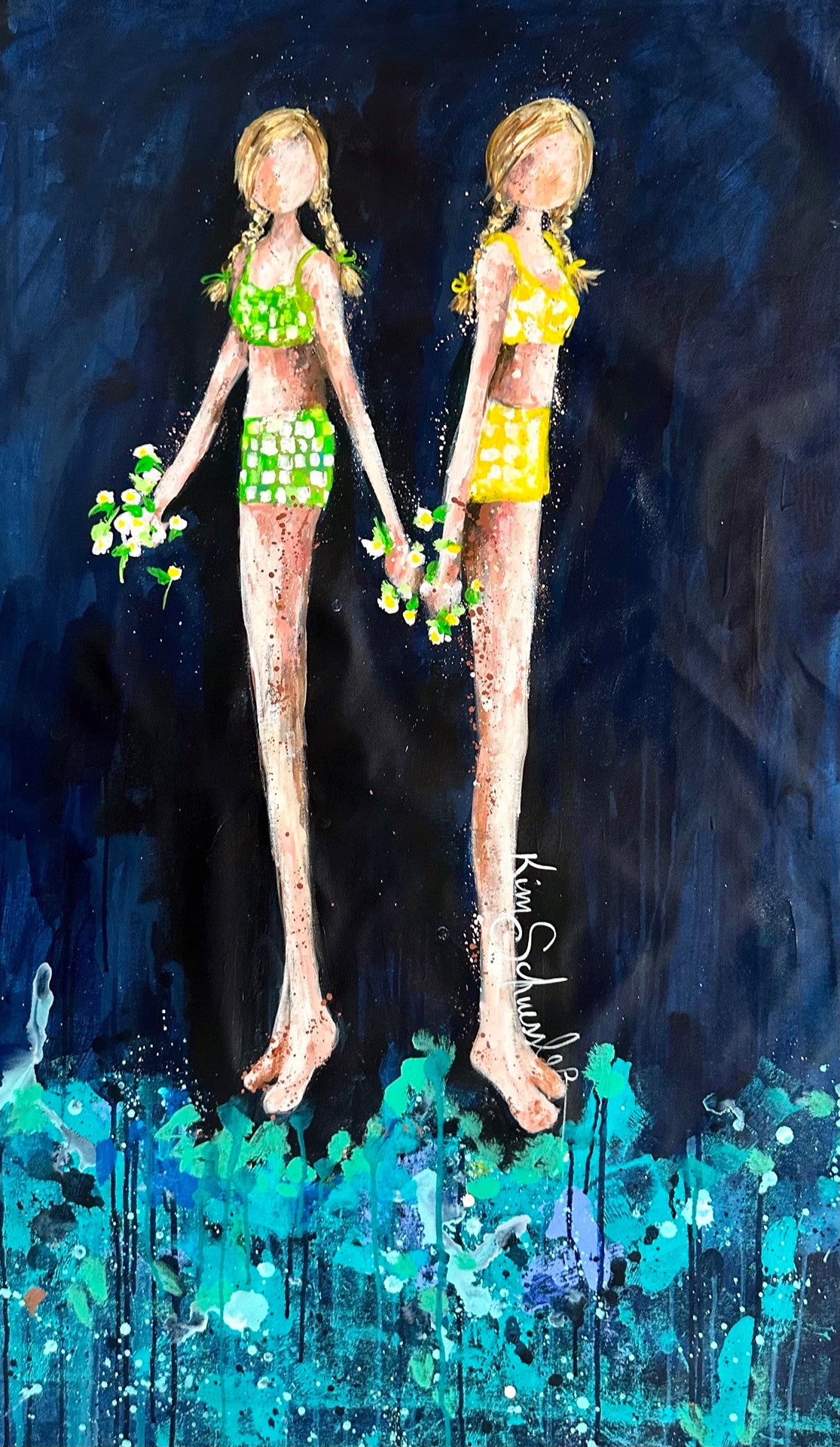 Painting of two girls in yellow and green swimsuits holding flowers, standing against a dark blue background with abstract floral elements at the bottom.