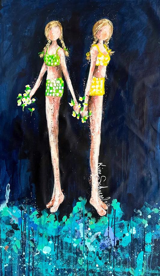 Painting of two girls in yellow and green swimsuits holding flowers, standing against a dark blue background with abstract floral elements at the bottom.