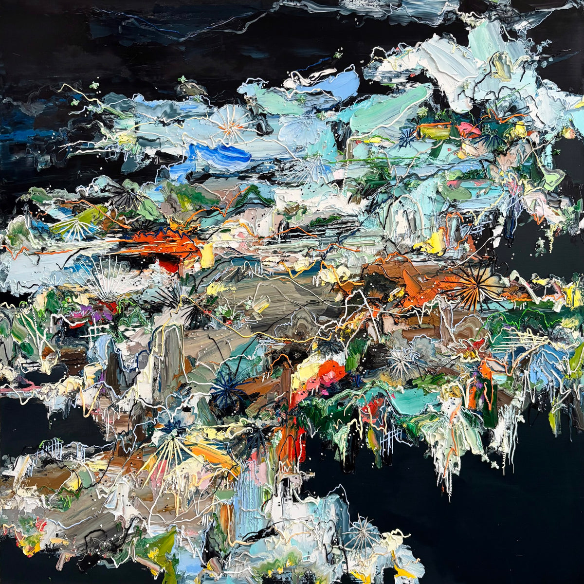 Abstract painting with thick, textured brushstrokes in vibrant colors on a dark background, depicting a chaotic and dynamic landscape with swirling shapes and layered patterns.