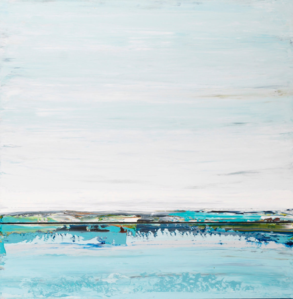 Abstract landscape painting featuring a pale sky over a textured horizon and bright turquoise water.