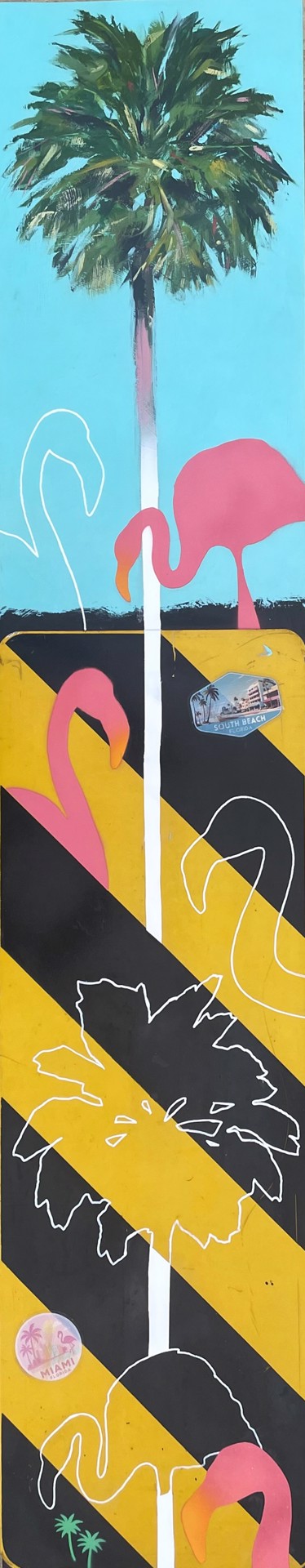 Tall mixed-media painting of a palm tree and pink flamingos over yellow-black stripes.