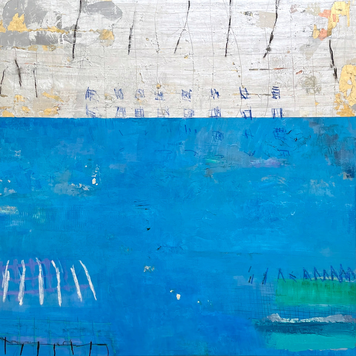 An abstract painting with a horizontal divide; the top half features shades of white and gray with black vertical lines, and the bottom half is predominantly blue with scattered green and white markings.