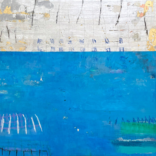 An abstract painting with a horizontal divide; the top half features shades of white and gray with black vertical lines, and the bottom half is predominantly blue with scattered green and white markings.