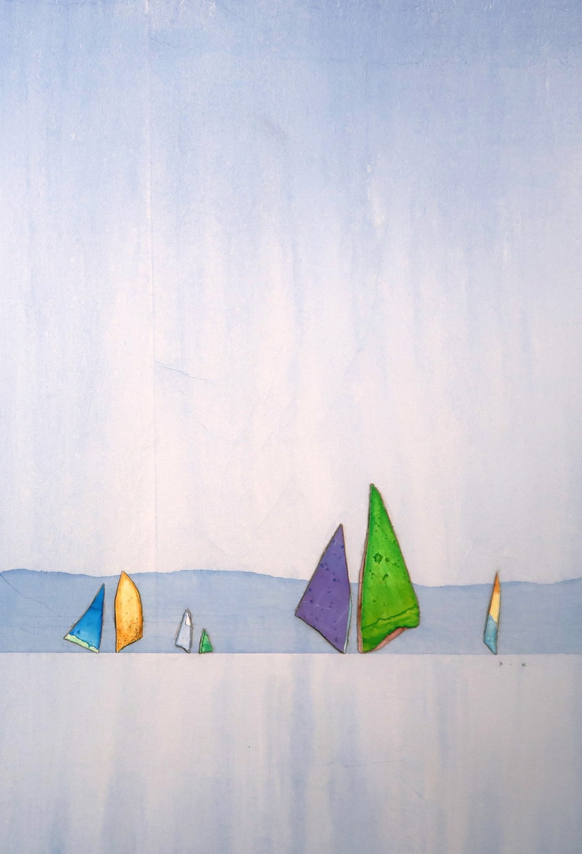 Minimalist painting of colorful sailboats with varied bright sails on a calm, light blue sea.