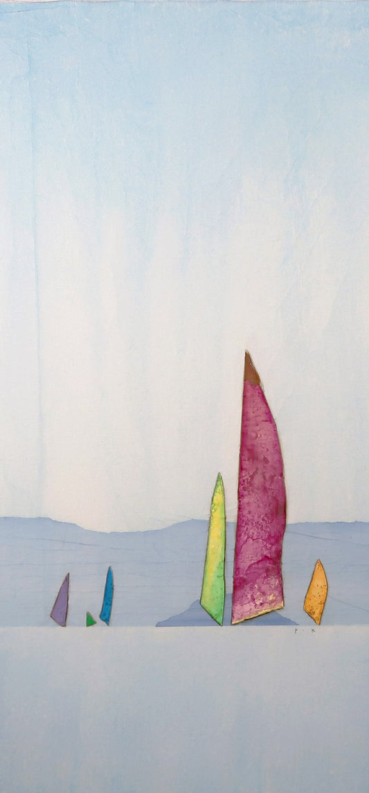 Abstract artwork featuring colorful triangular shapes resembling sails against a pale blue background.