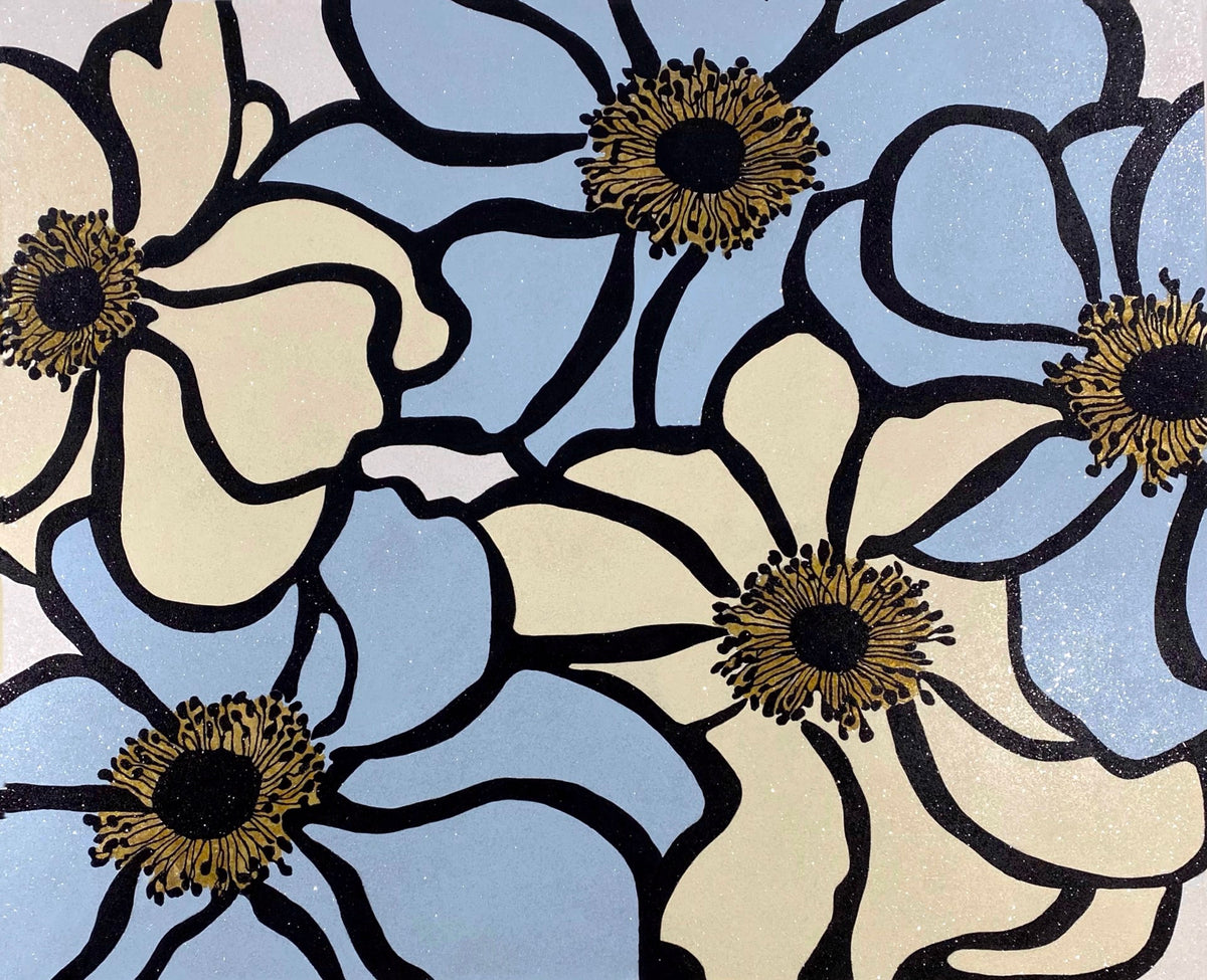A stylized painting of large flowers with cream and light blue petals, black outlines, and yellow centers on a glittery background.