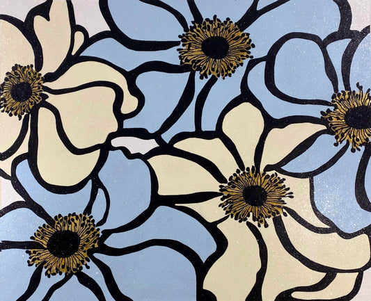 A stylized painting of large flowers with cream and light blue petals, black outlines, and yellow centers on a glittery background.