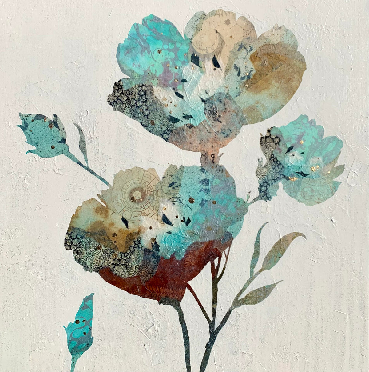 Abstract floral painting with earthy tones and intricate patterns on petals and leaves, set against a textured light background.