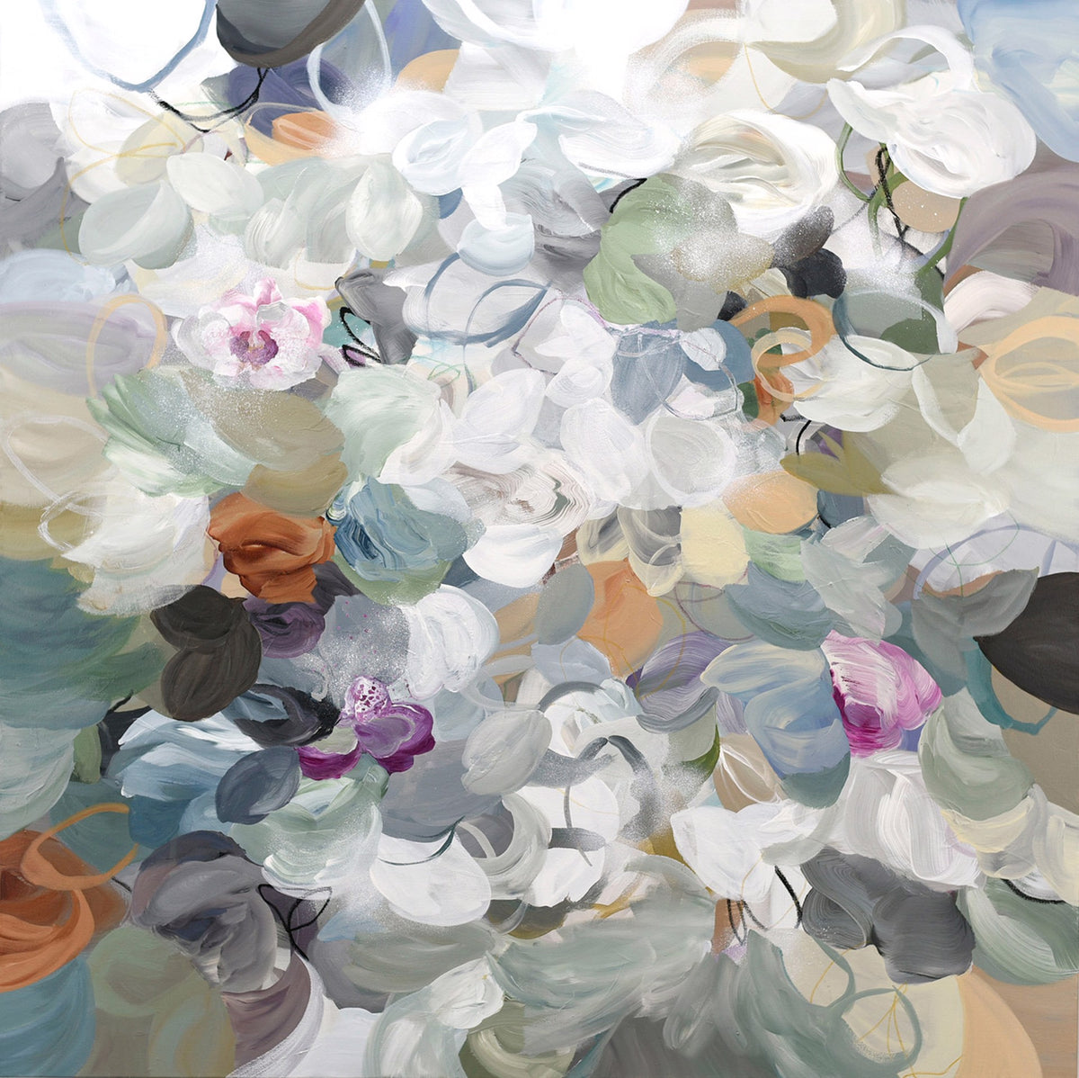 Abstract painting of swirling brushstrokes in white, gray, brown, and pastel tones.
