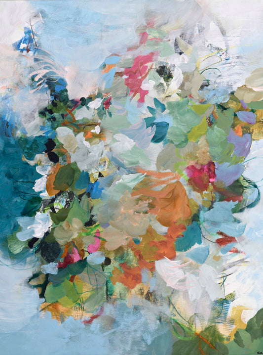 This abstract floral artwork displays vibrant patches of green, blue, orange, and beautiful pink colors.