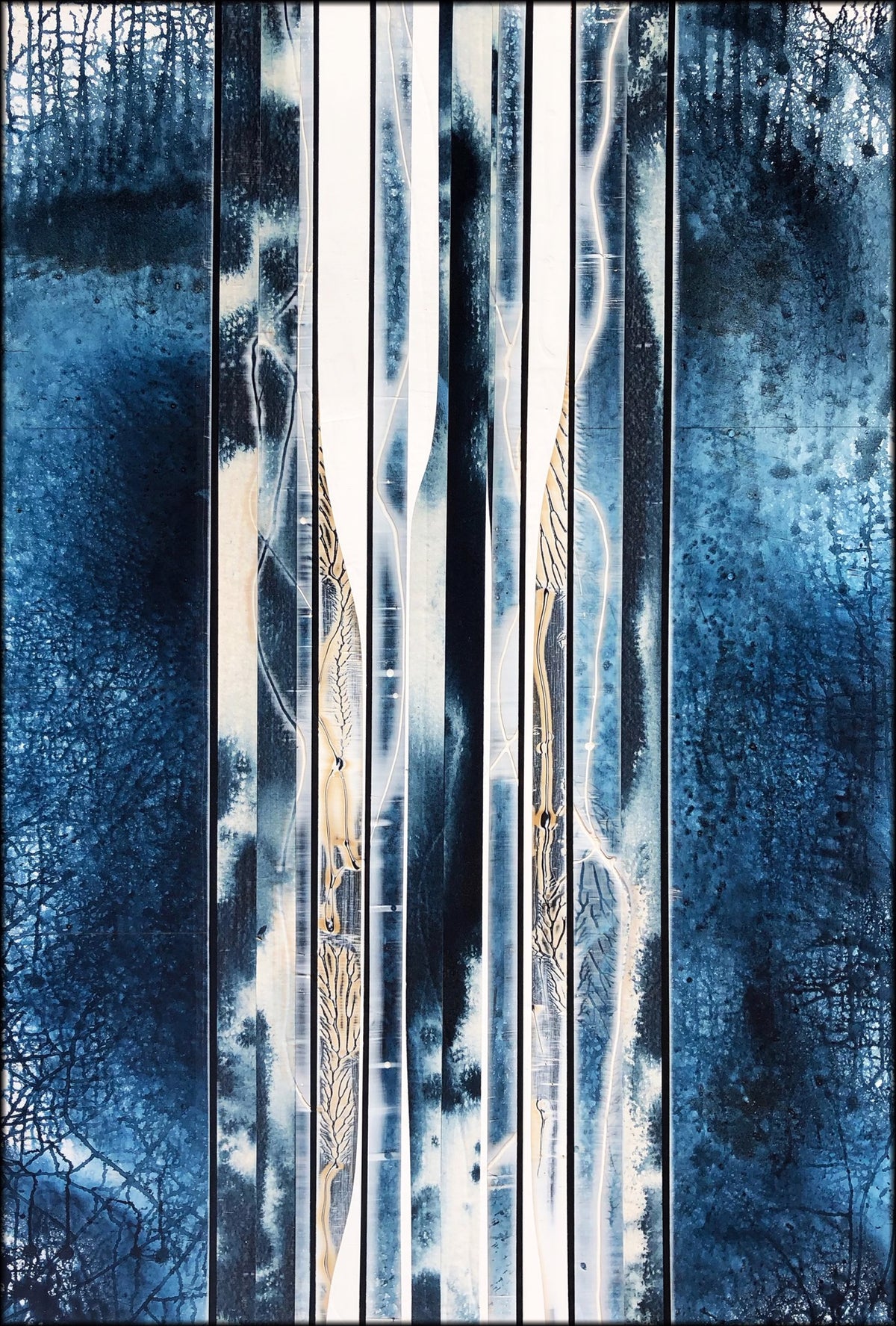 Abstract artwork featuring vertical white and dark blue stripes with gold accents, set against a textured blue and black background with crackle and organic patterns.