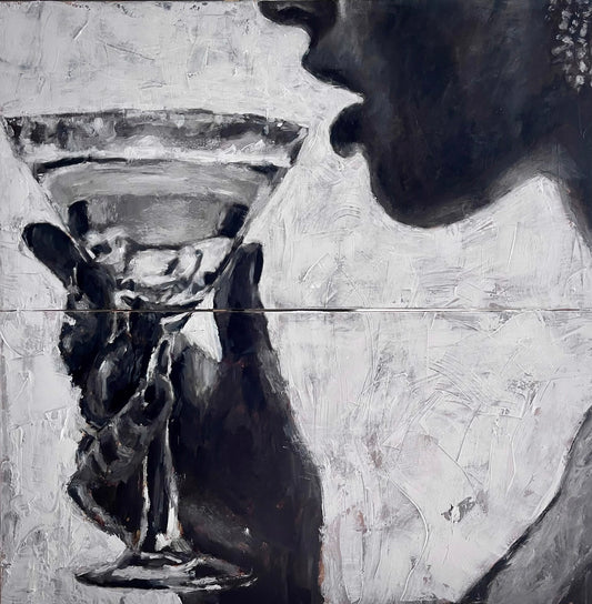 A person holding a cocktail glass near their lips in a grayscale painting.