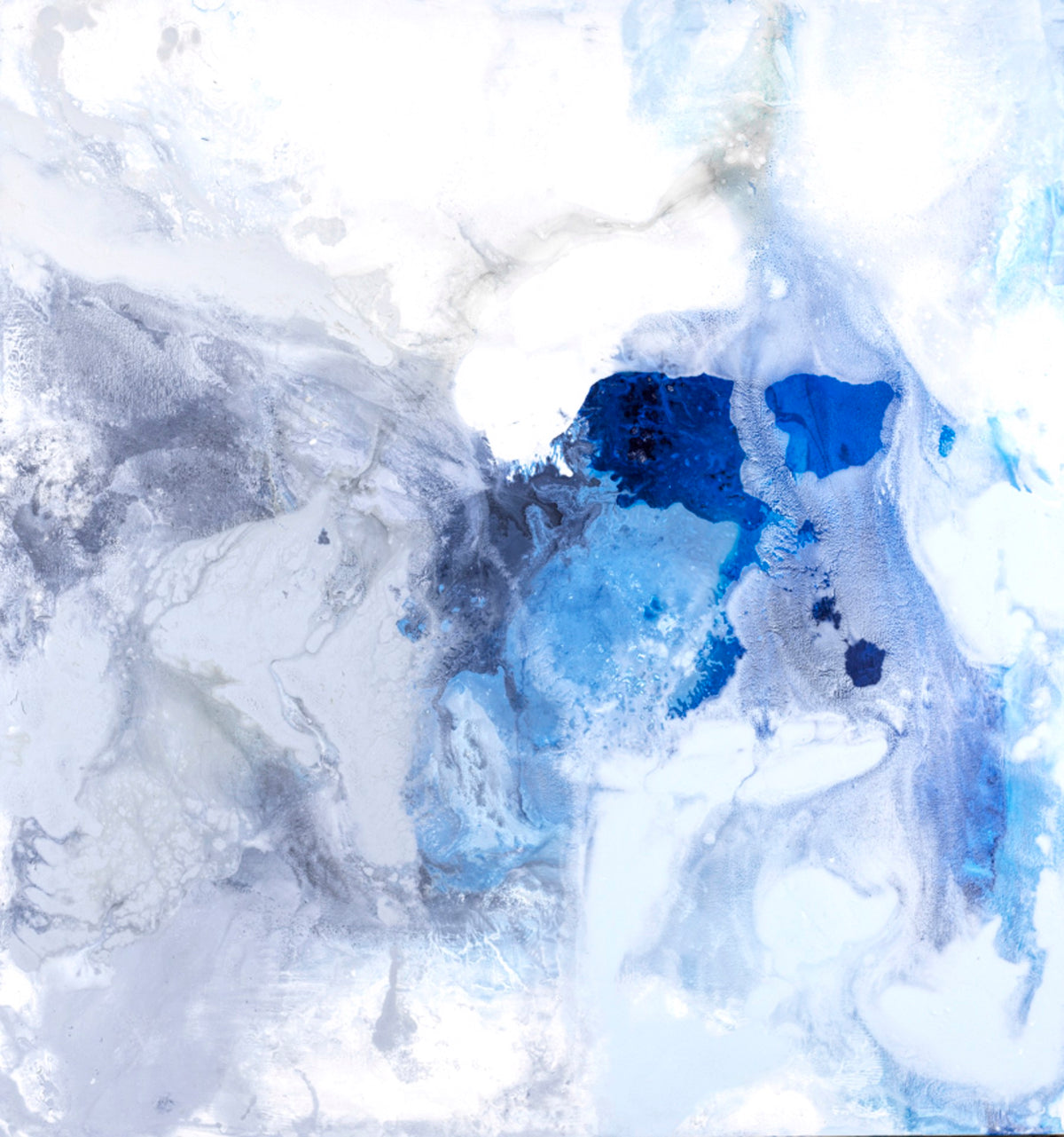 Abstract painting with fluid, organic blending of white, light blue, deep blue, and textured grey.