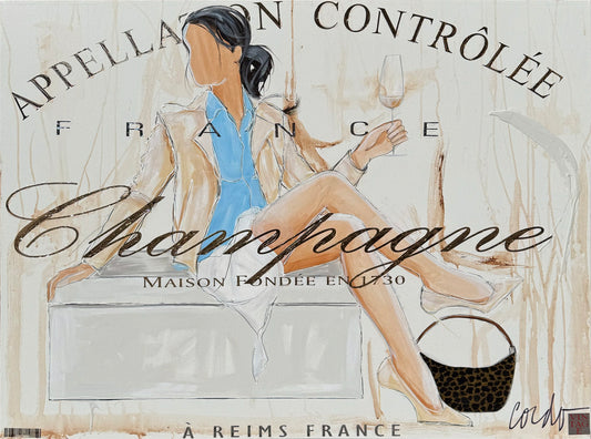 Illustration of a woman in a beige blazer and blue dress holding a glass of champagne, with "Champagne" and French text overlaid in large script.