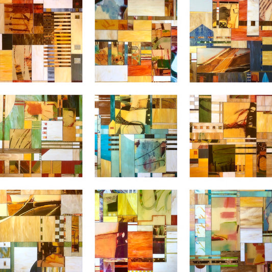 Nine abstract geometric artworks arranged in a 3x3 grid, each featuring colorful rectangular shapes and varied patterns in warm and cool tones.