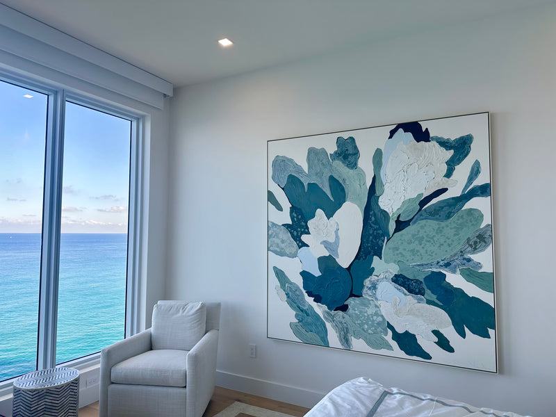 Vesela Baker blue and white abstract floral painting in an oceanfront bedroom with Atlantic Ocean views, South Florida